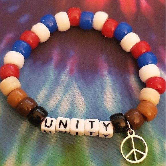 Hand Crafted Jewelry - Handmade Red White Blue Unity Peace Charm Kandi Bracelet